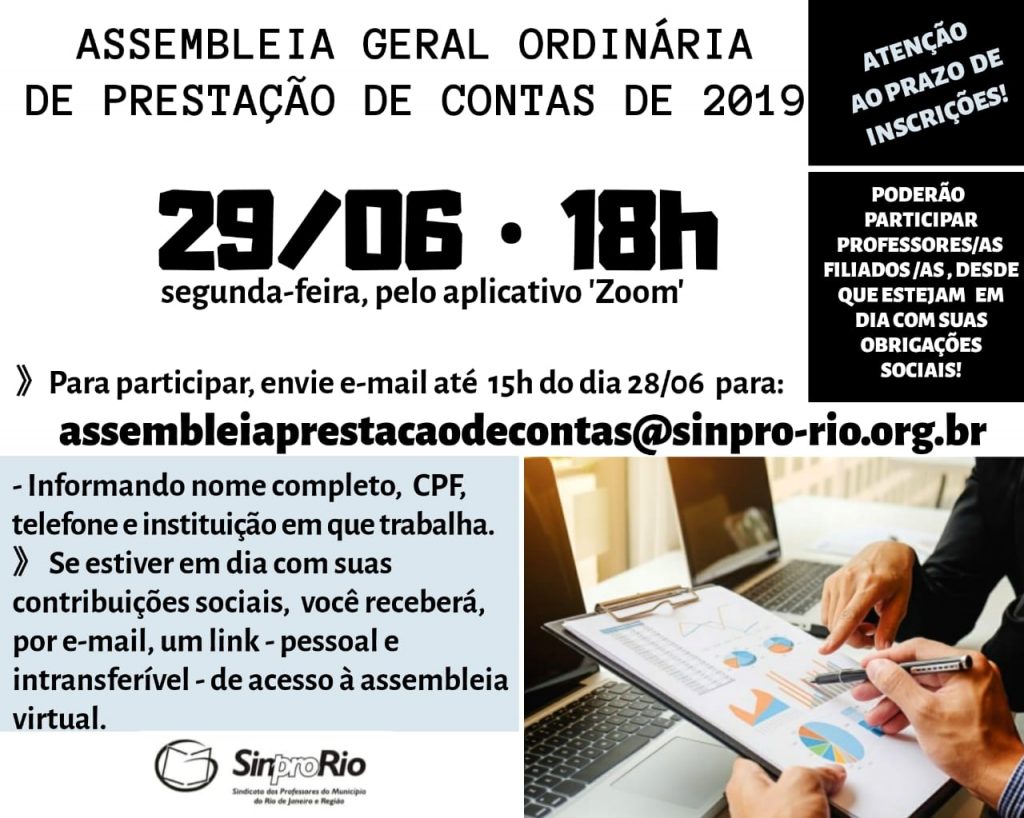 AGO de Prestação de Contas: 29/06, 18h, pelo ‘Zoom’