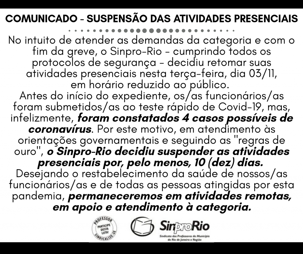 Atenção: Expediente presencial suspenso até 09/11!