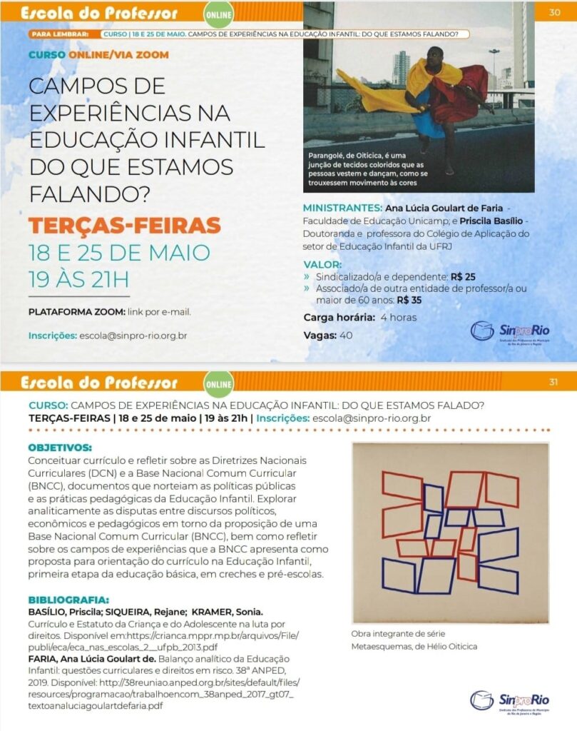 Curso “Campos de Experiência na Ed. Infantil” -18 e 25/05, às 19h. Inscrições abertas!