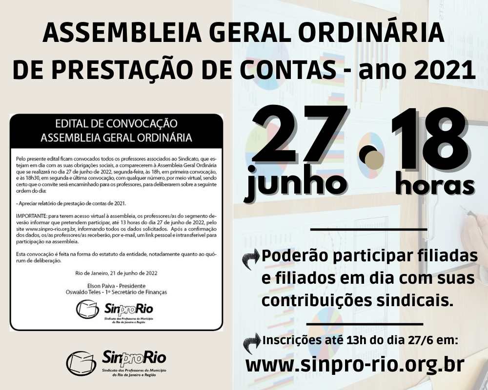 AGO de Prestação de Contas: dia 27/6, às 18h. Participe!