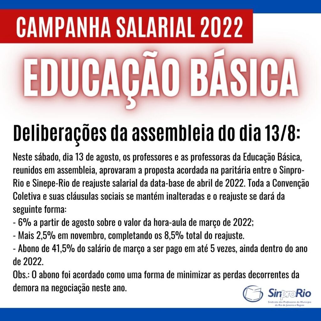 Camp. Salarial 2022 – Ed. Básica: assembleia de 13/8 aprova proposta de reajuste salarial