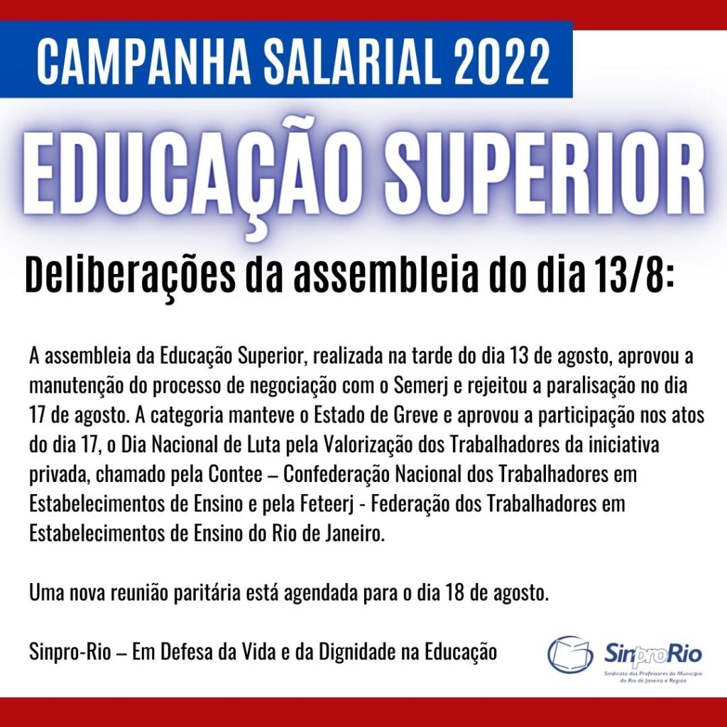 Camp. Salarial 2022 – Ed. Superior: conheça as deliberações da assembleia do dia 13 de agosto