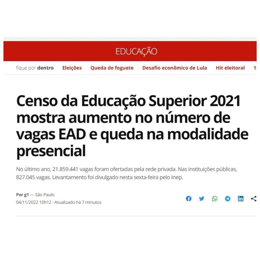Censo da Ed. Superior 2021 mostra aumento no número de vagas EAD e queda no presencial