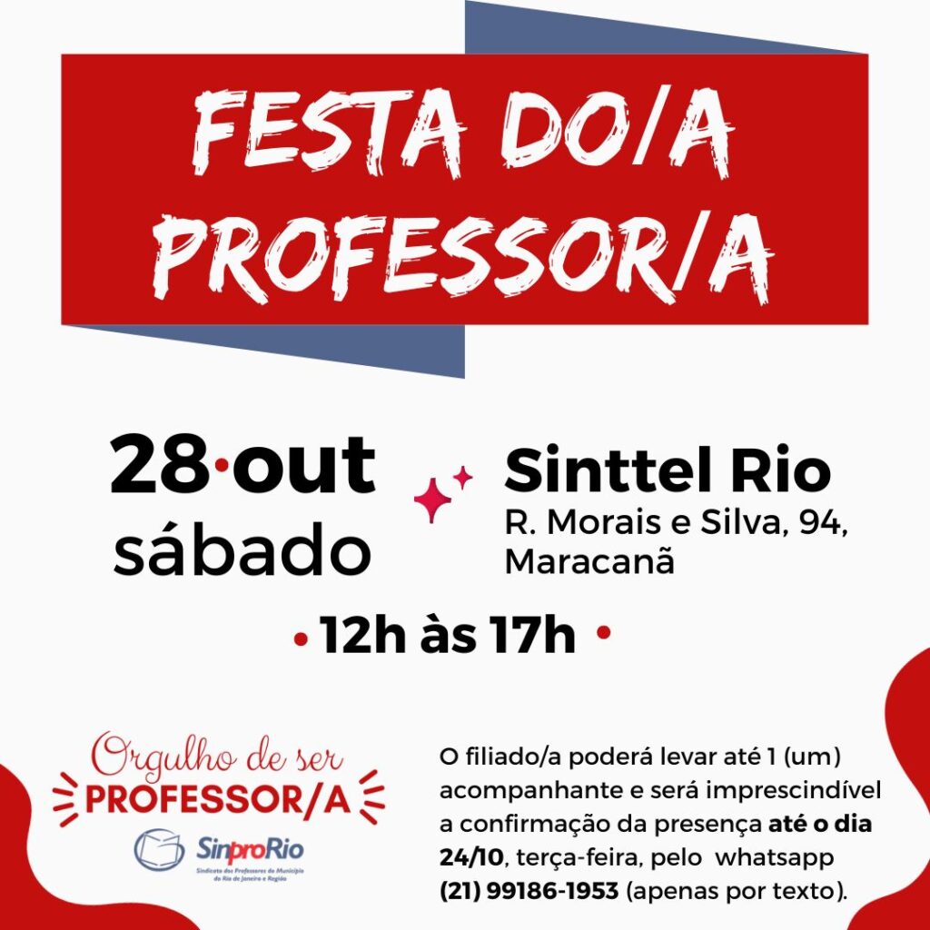 Festa do/a Professor/a: dia 28/10, sábado, categoria celebrará Dia do Mestre!