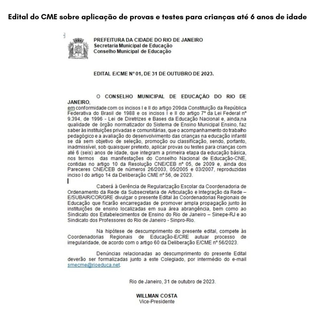 Edital do CME Rio sobre aplicação de provas ou testes para crianças com até 6 anos de idade