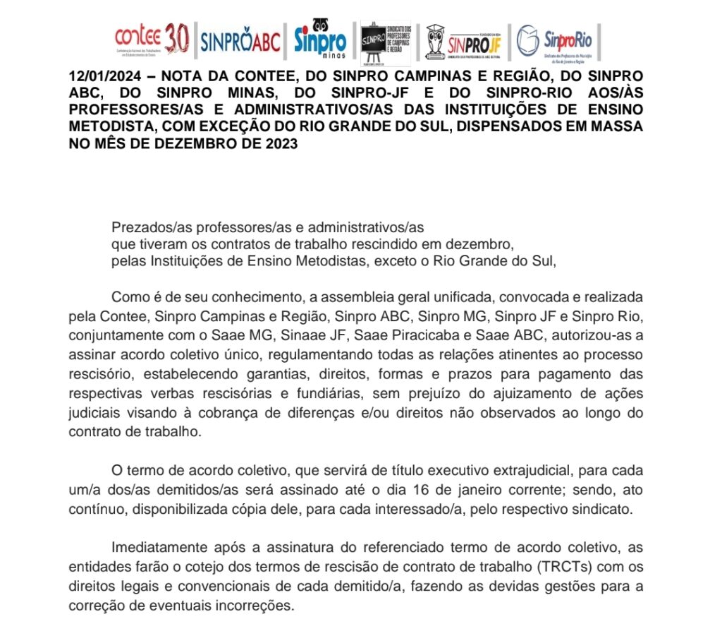 Nota Conjunta sobre instituições da Rede Metodista
