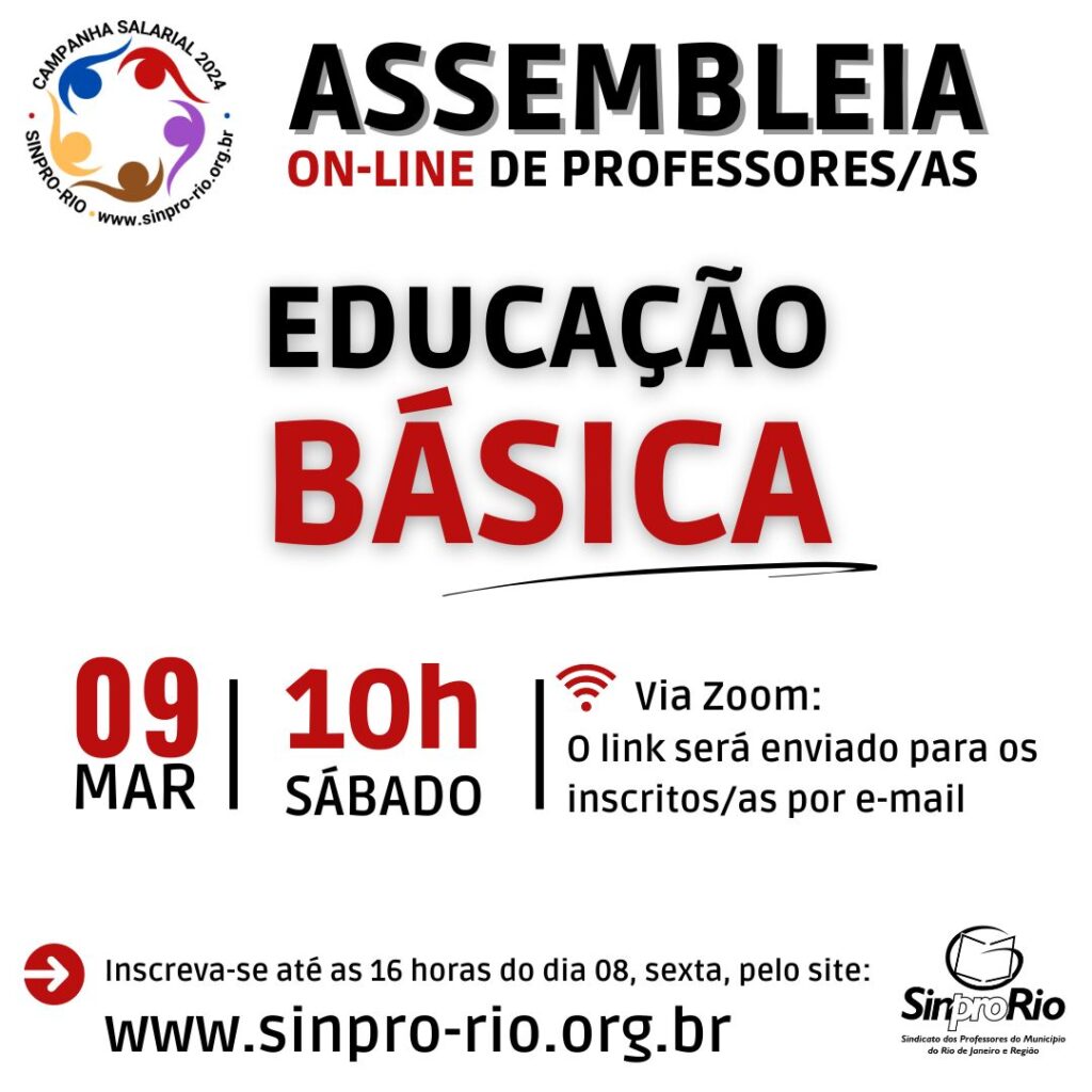 Camp. Salarial 2024 – Educação Básica: assembleia virtual 09/03, sábado, 10h!