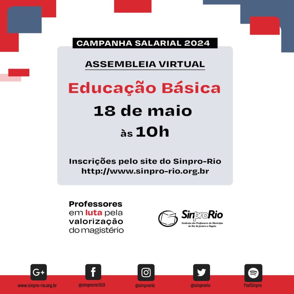 Camp. Salarial 2024 – Ed. Básica: assembleia virtual neste sábado, 18/5, às 10h!