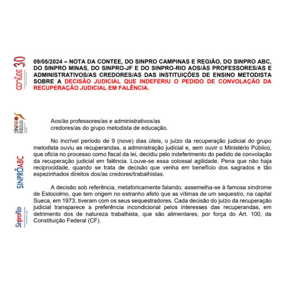 Nota Conjunta sobre decisão judicial que indeferiu convolação da recuperação judicial em falência nas instituições Metodistas