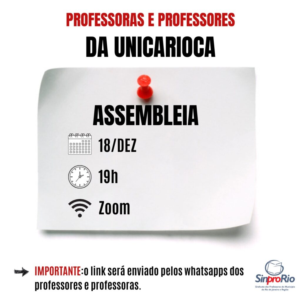 Unicarioca: assembleia virtual de profs. dia 18/12, às 19h!