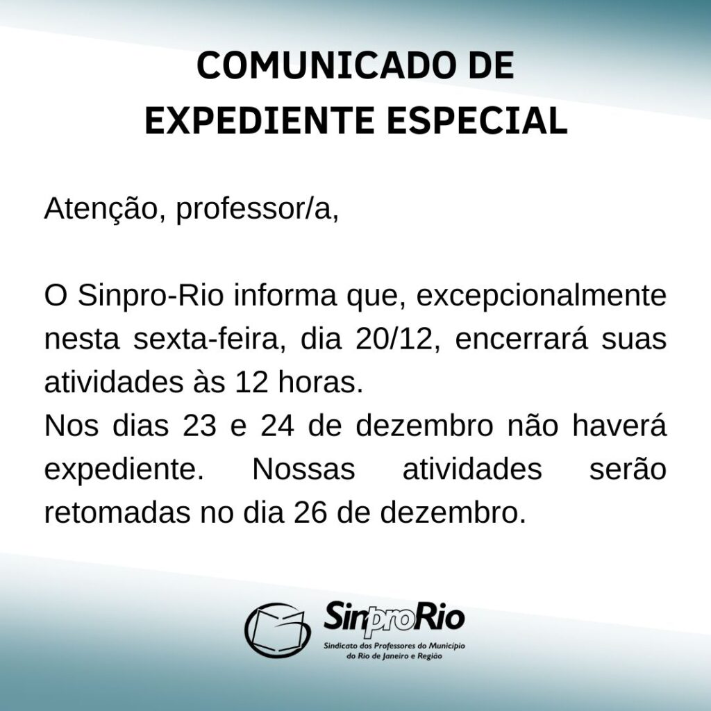 Comunicado de expediente especial – dia 20/12