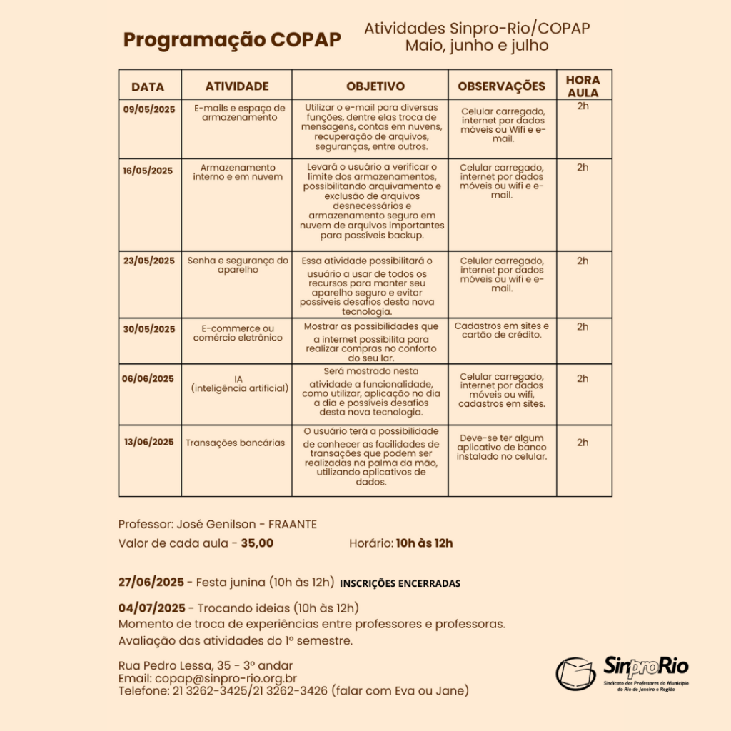 Atividades Sinpro-Rio/COPAP em Maio, Junho e Julho!