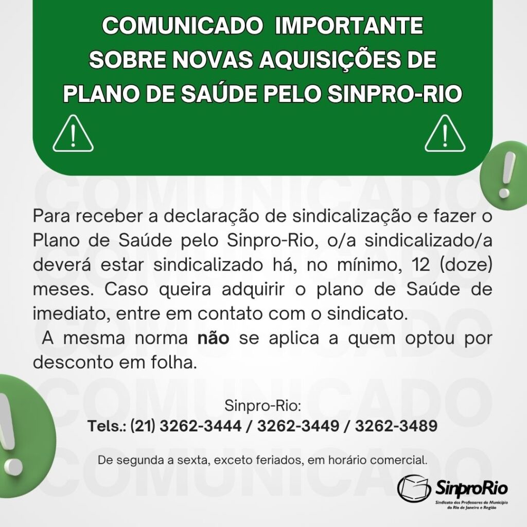 Comunicado importante sobre novas aquisições de plano de saúde pelo Sinpro-Rio