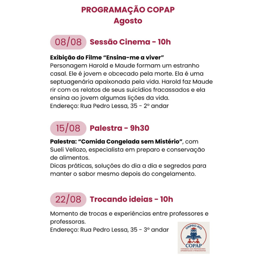 Agenda da COPAP para o mês de agosto!