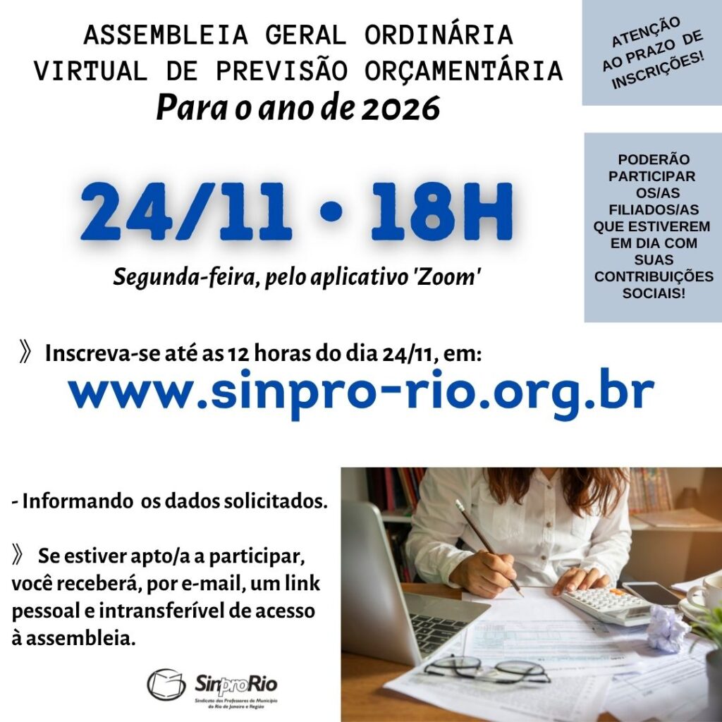 A.G.O. de Previsão Orçamentária: dia 24/11, às 18h, pelo Zoom. Inscreva-se já!