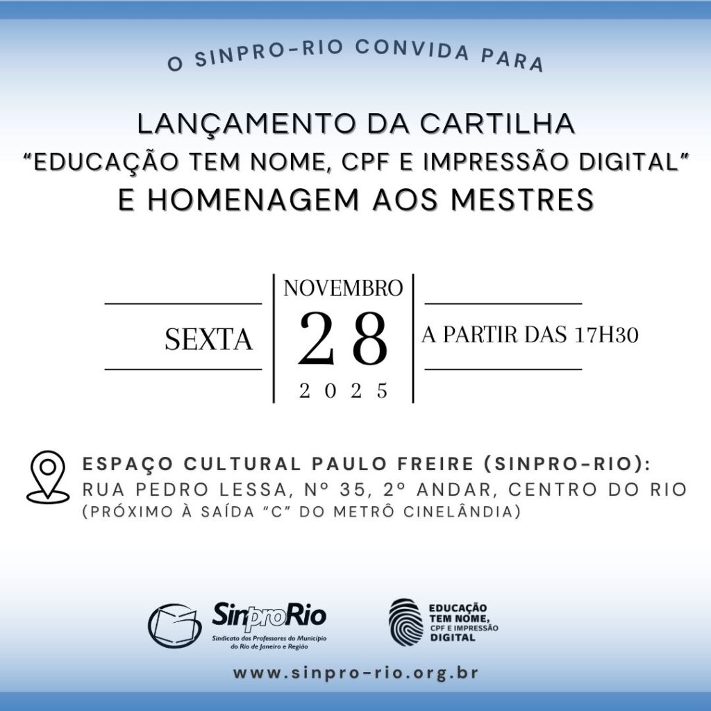 Lançamento da Cartilha “Educação tem nome” e Homenagem aos Mestres: dia 28/11, às 17h30!