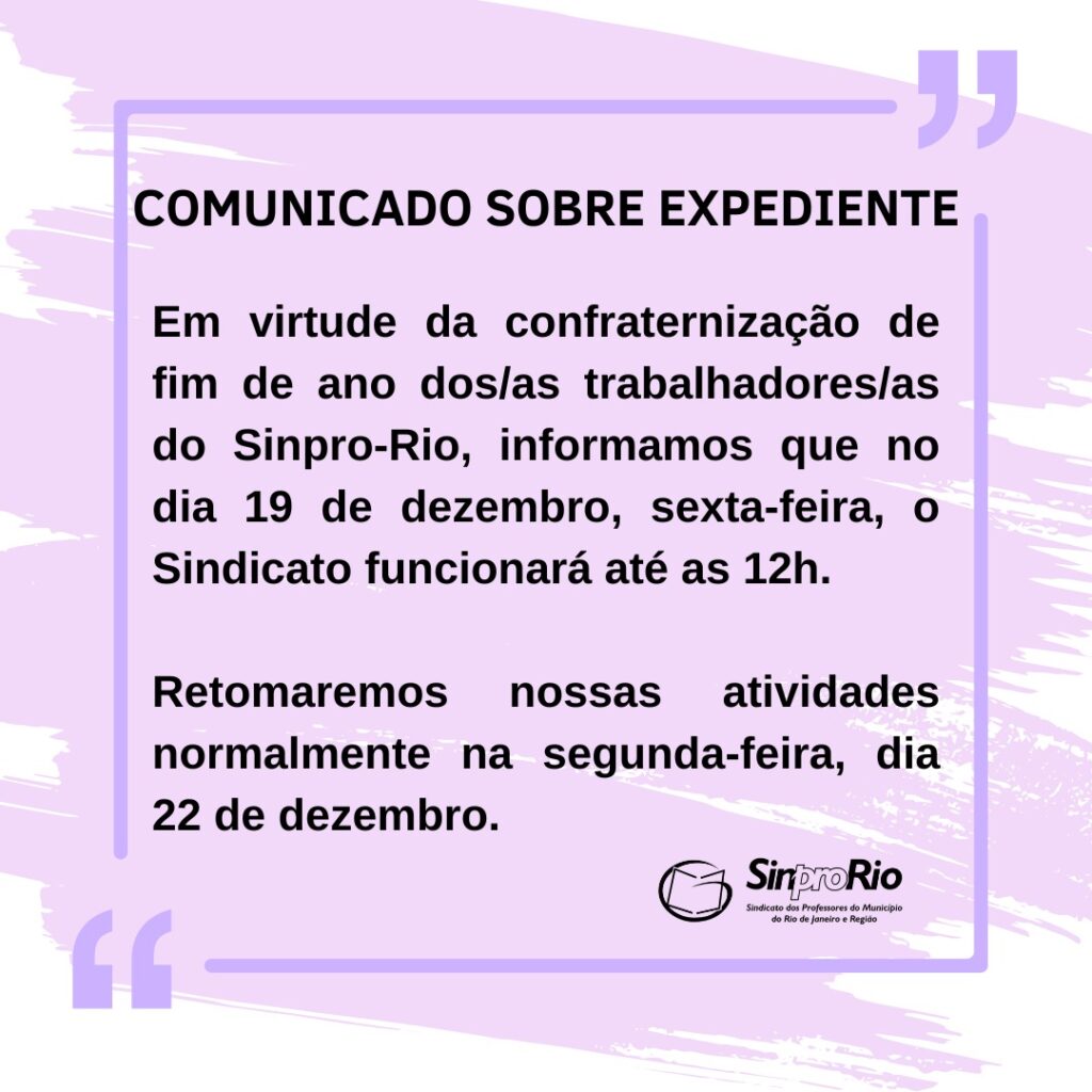 Comunicado sobre expediente especial no dia 19/12