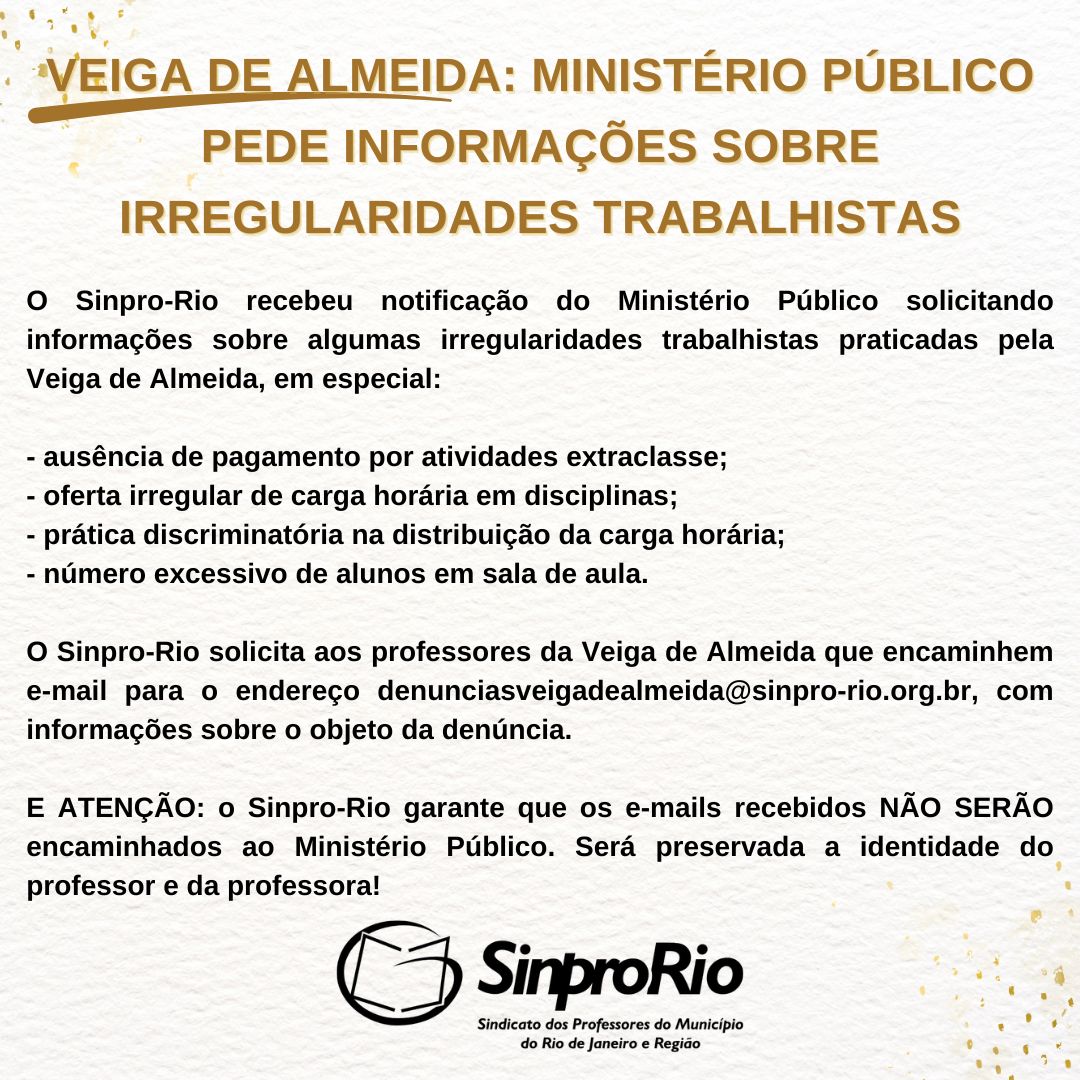 Veiga de Almeida: Ministério Público pede informações sobre irregularidades trabalhistas