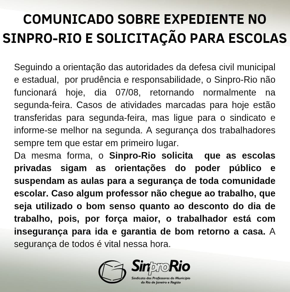 Comunicado Importante sobre expediente e solicitação para escolas