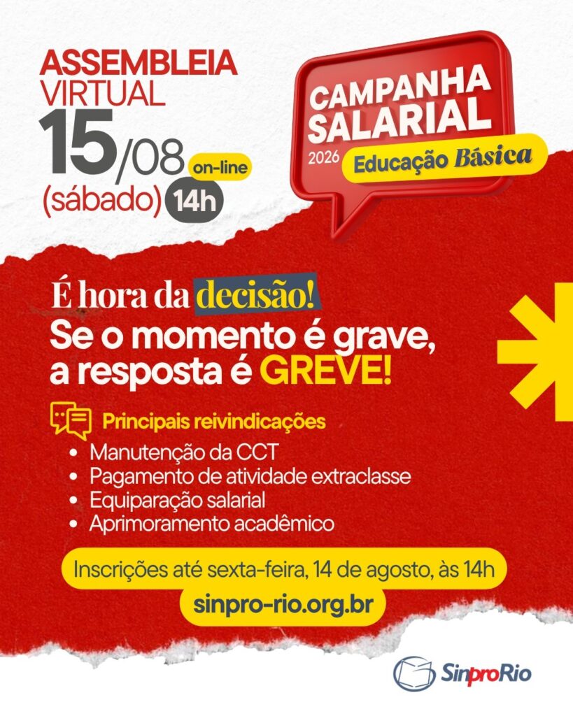 Camp. Salarial 2026 – Ed. Básica: assembleia virtual dia 15/08, às 14h!