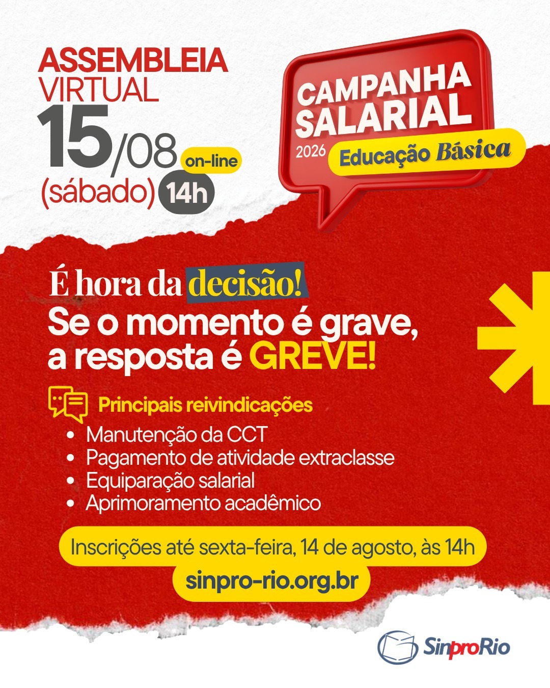 Camp. Salarial 2026 – Ed. Básica: assembleia virtual dia 15/08, às 14h!